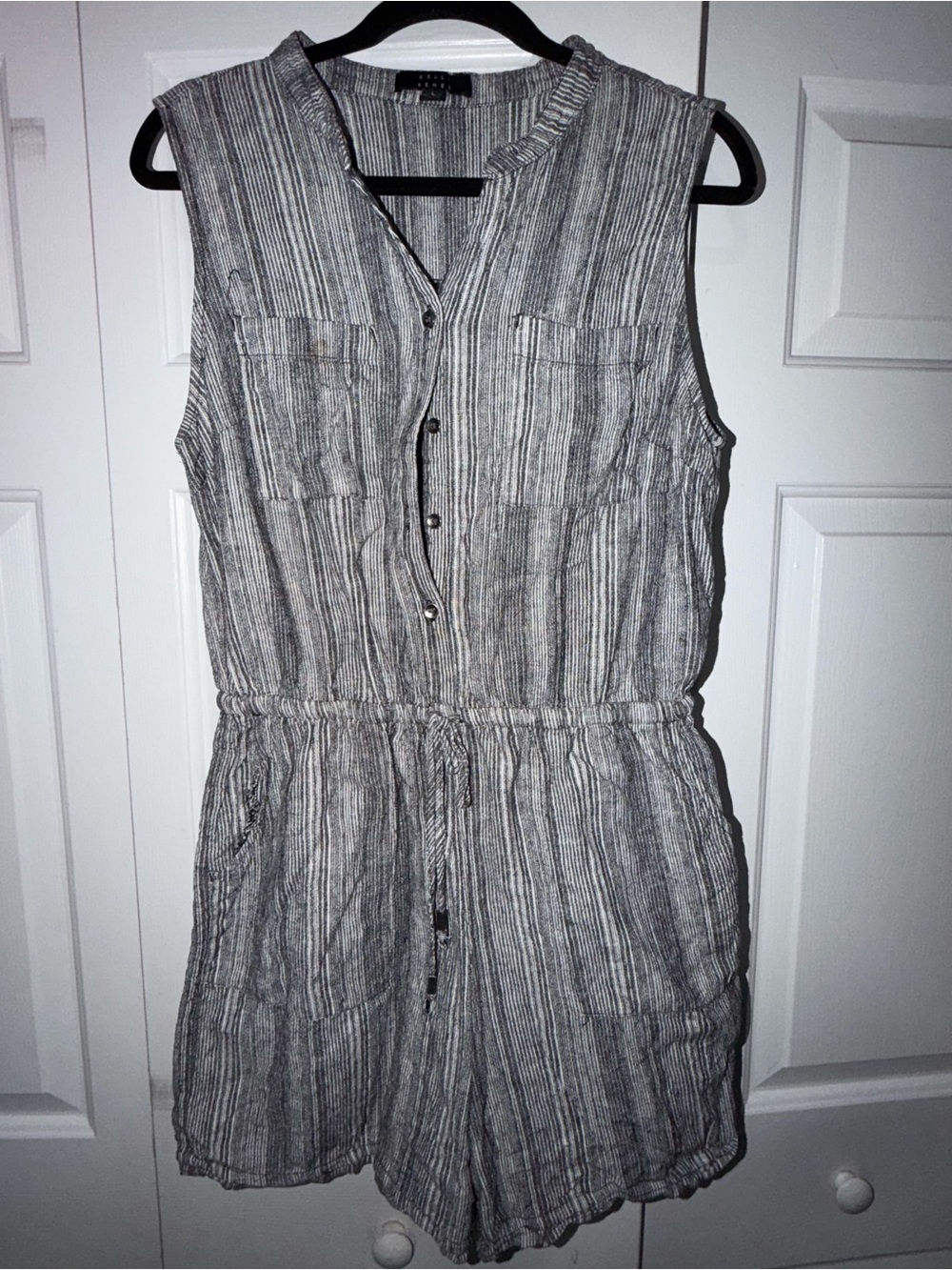 Sleeveless Striped Drawstring Romper Dress - Gray